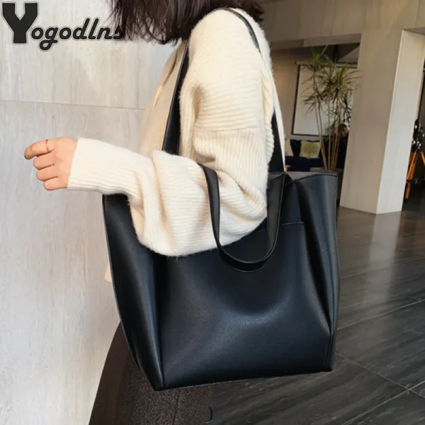 Women Fashion Basic Solid Color Large Capacity PU Shoulder Bag