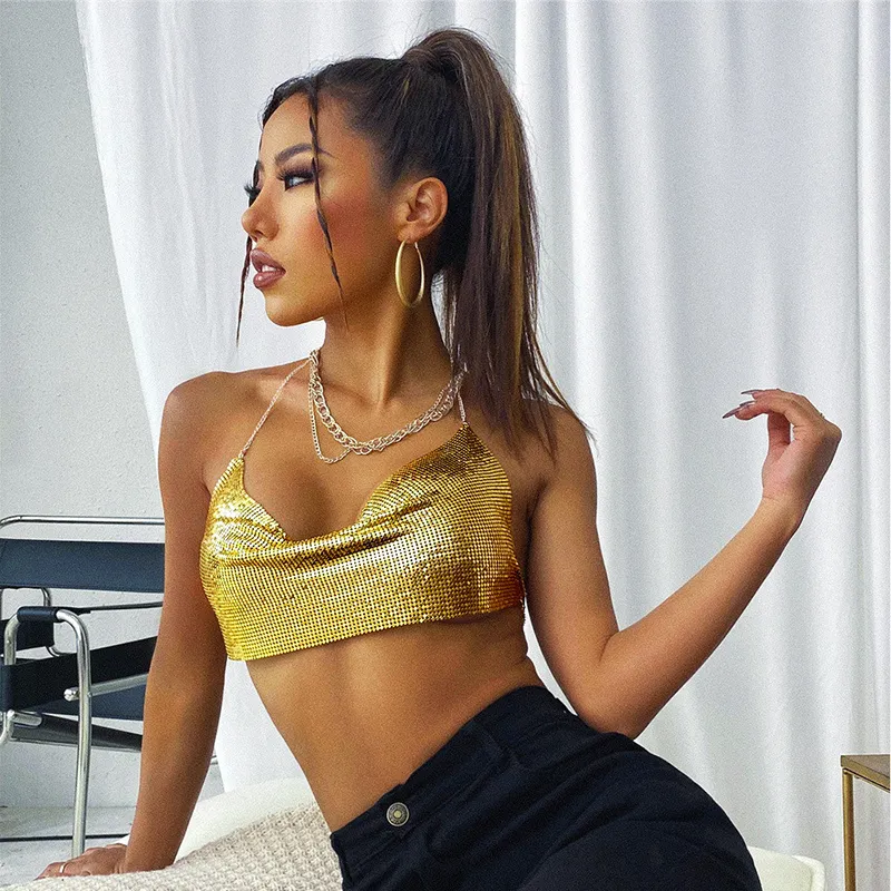 Women Night Out Backless Sequins V Neck Chain Halter Crop Tank Top