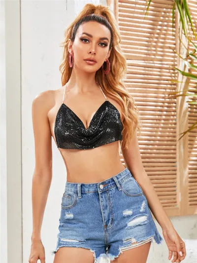 Women Night Out Backless Sequins V Neck Chain Halter Crop Tank Top