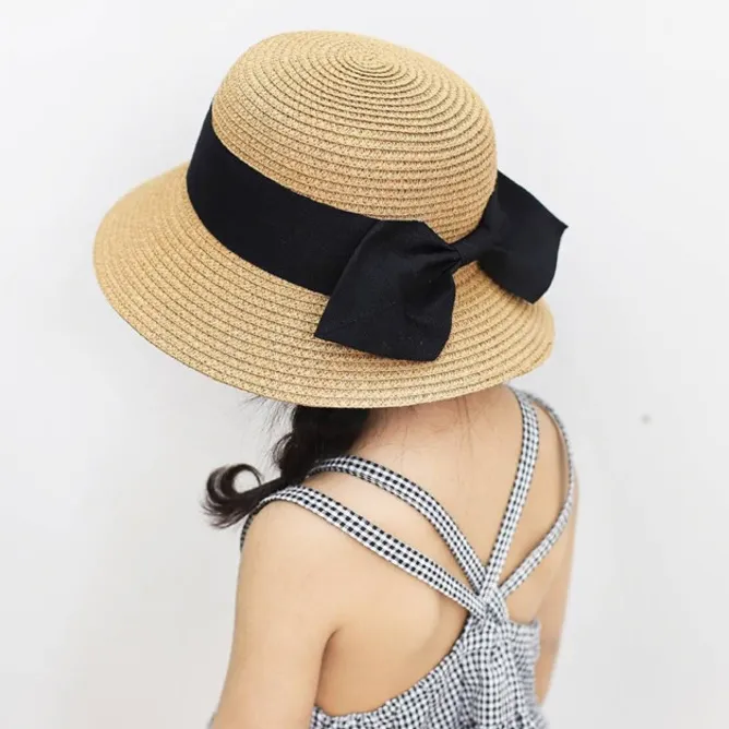 Kids Girls Casual Big Bow Straw Sun Hat for Travel Summer