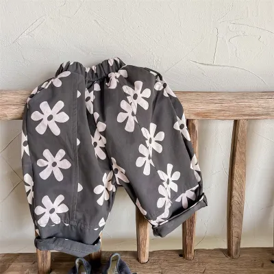 Kids Girls Casual Flower All Over Print Loose Harem Pants Cotton Elastic Waist Spring Autumn