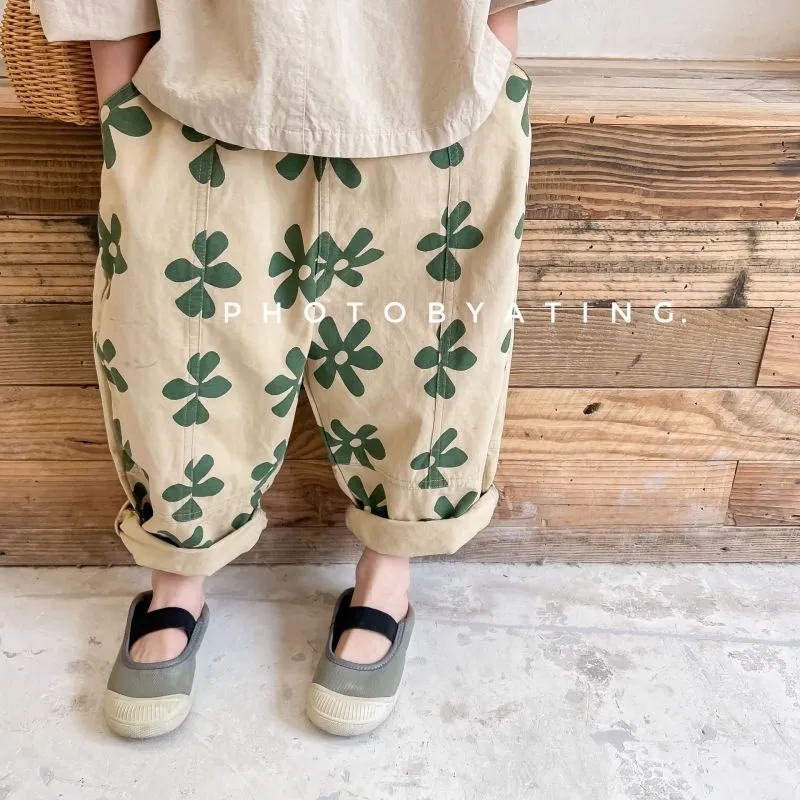 Kids Girls Casual Flower All Over Print Loose Harem Pants Cotton Elastic Waist Spring Autumn