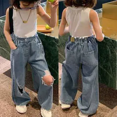 Kids Baby Girls Cool Solid Color Hole Jeans Elastic Denim Pants Loose Casual