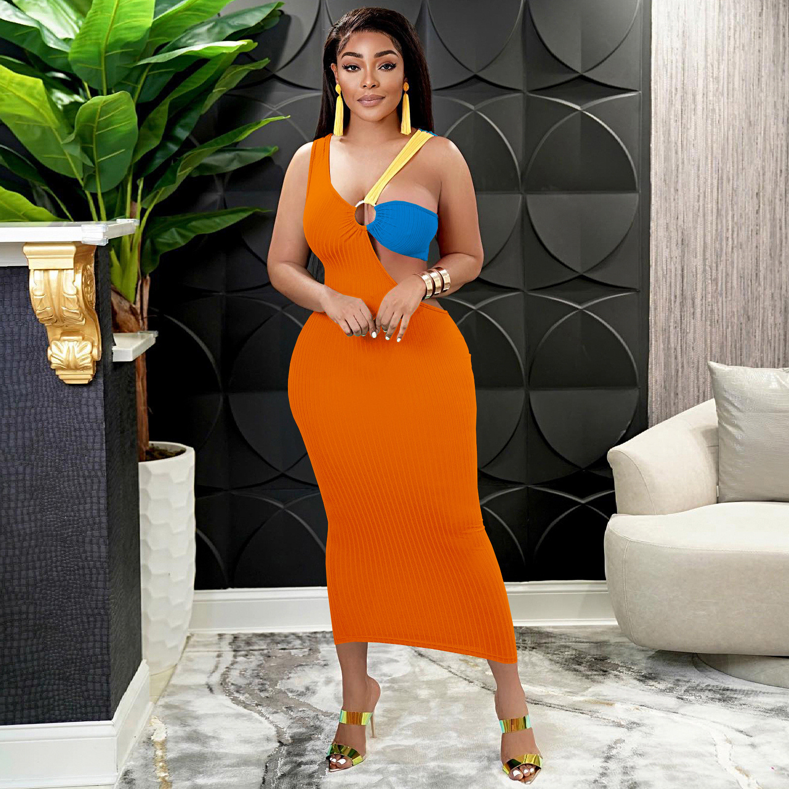 sexy orange birthday dress Sexy Elegant Above Knee Orange Bodycon Dress Orange / XS main image 0