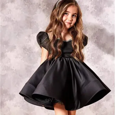 Kids Girls Elegant Solid Color Round Neck Puffy Sleeve Bow Design Princess Party Dress