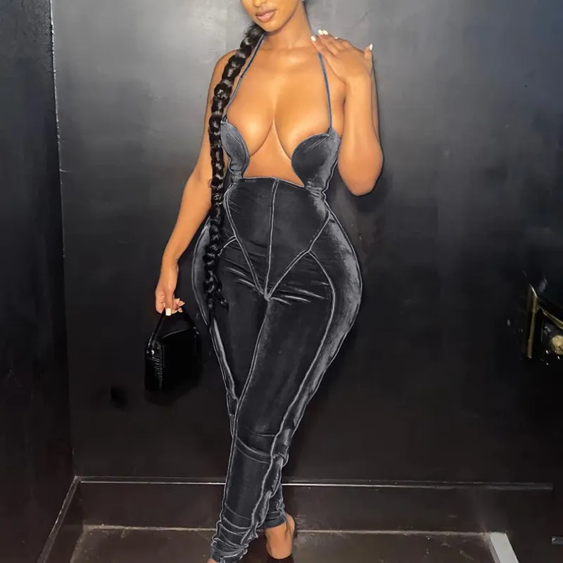 Women Halter Neck Bodycon Jumpsuits Casual Solid Color