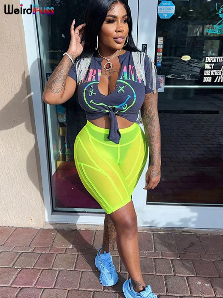 Women Edgy Mesh See-through Solid Color Summer Shorts