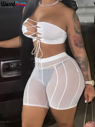 Women Sexy Edgy Mesh See-through Solid Color High Waist Patchwork Short Leggings