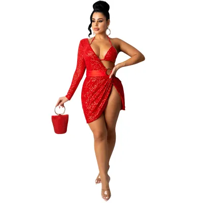 Women Elegant Sequin Mini Party One Shoulder Long Sleeve Side-slit Bodycon Dress With Halter Neck Bra Set