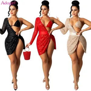 Women Elegant Sequin Mini Party One Shoulder Long Sleeve Side-slit Bodycon Dress With Halter Neck Bra Set