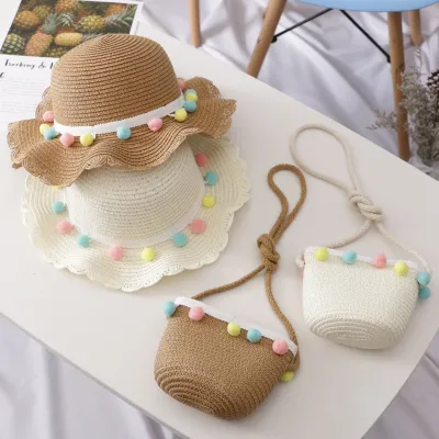 Conjunto de sombrero y bolso de paja tejido para sombrilla de Color sólido con decoración de pompón de Color pequeño y sencillo para niñas y niños