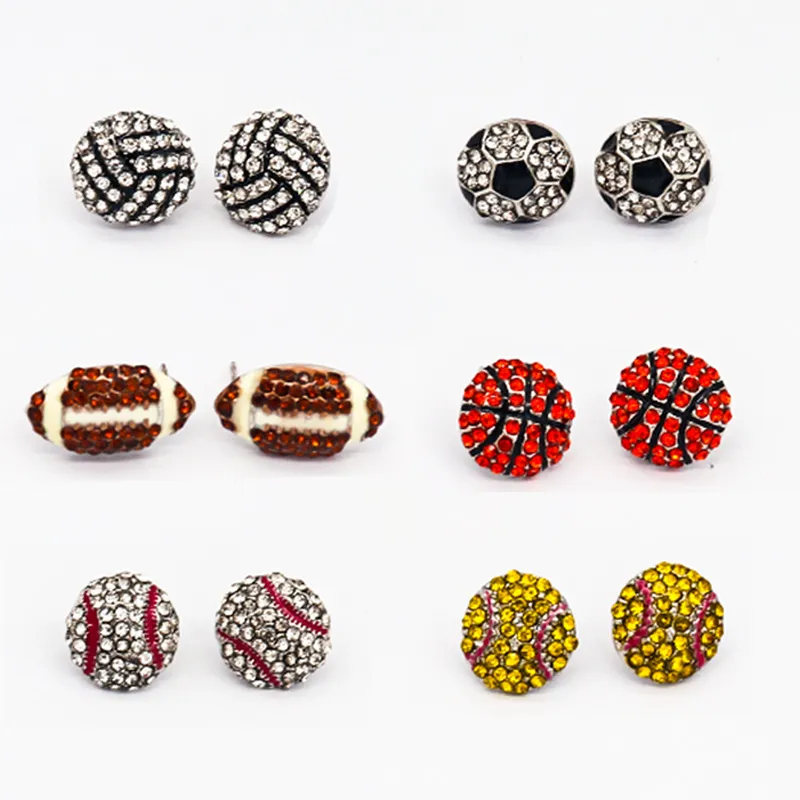 Women Cute Rhinestone Baseball Football Volleyball Shaped Stud Earrings