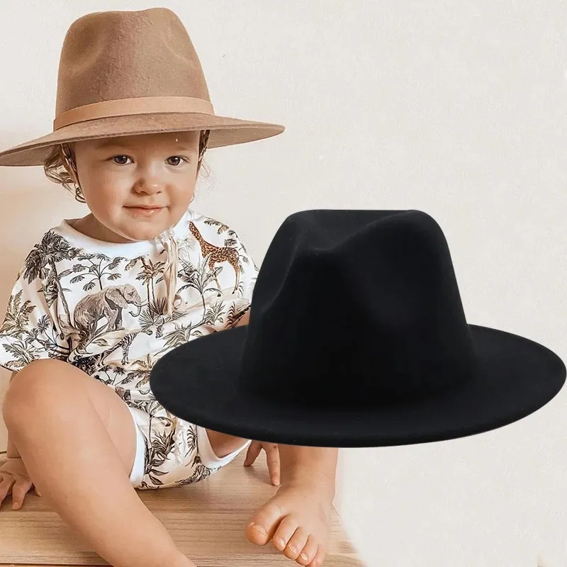 Kids Casual Solid Color Imitation Woolen Wide-Brimmed Jazz Flat-brimmed Felt Hat