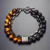 Yellow Tiger Eye + Volcanic Stone Gun Black Thick Chain 21Cm