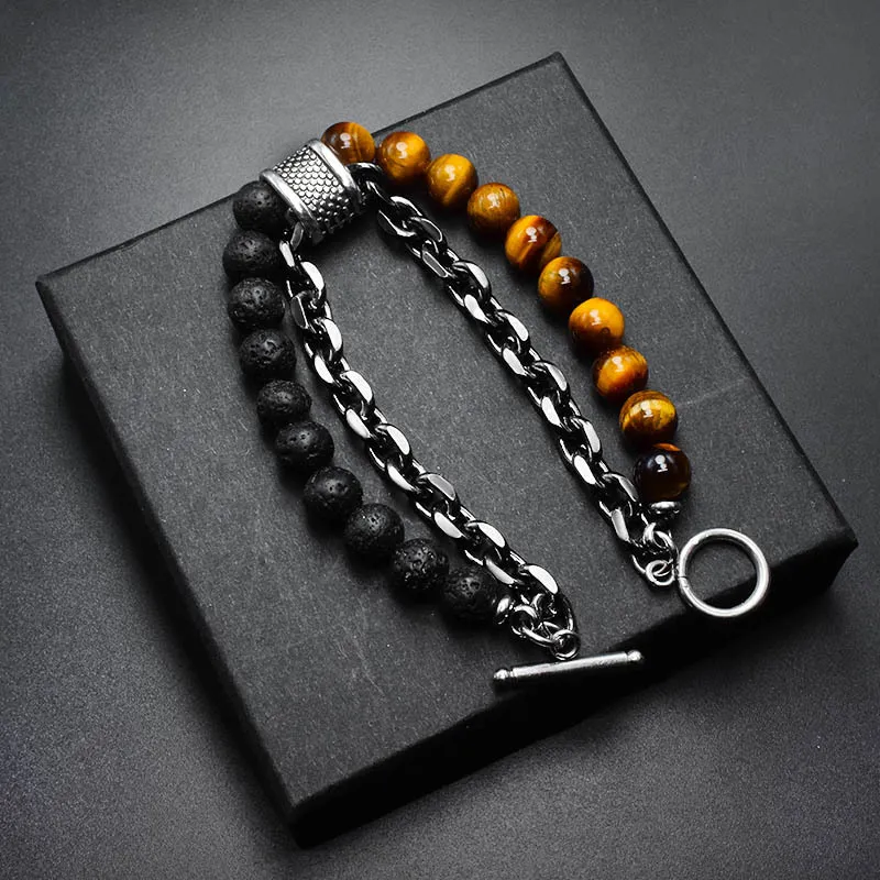 Men Classic Frosted Stone Chain Strand Bracelet
