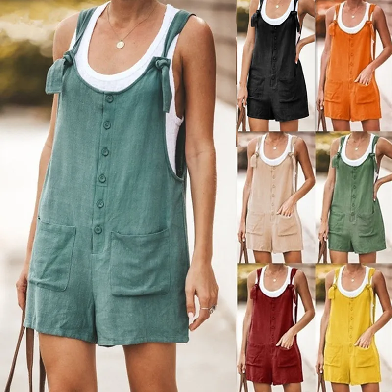 Summer Women Sleeveless Elegant Vintage Solid Color Wide Leg Rompers