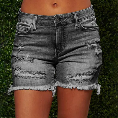 Women Summer Casual Ripped Raw Hem High Waisted Pocket Denim Shorts
