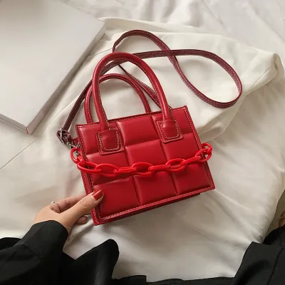 Women Fashion Chain Decorative Plaid Embossed Solid PU Crossbody Bag