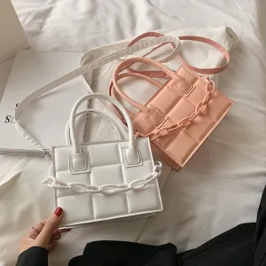 Women Fashion Chain Decorative Plaid Embossed Solid PU Crossbody Bag