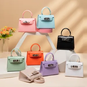 Women Cute Mini Box Shape PVC Solid Color Crossbody Bag With Flap Pocket