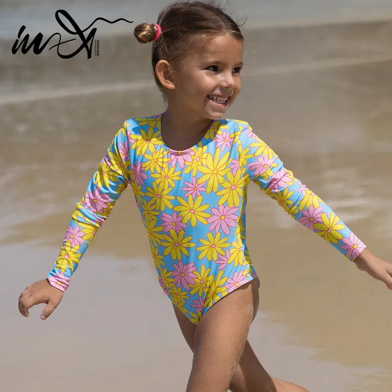 Kids Girls Cute Flower Print Backless One Piece Swimwear Stretch Spandex