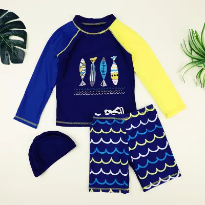 Kids Boys Cool Cartoon Long Sleeve Beachwear Elastic Swim Set with Cap