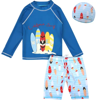 Kids Boys Cool Cartoon Long Sleeve Beachwear Elastic Swim Set with Cap