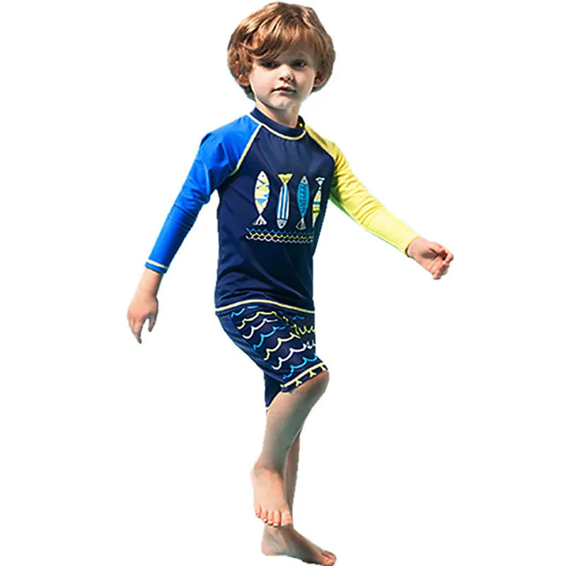 Kids Boys Cool Cartoon Long Sleeve Beachwear Elastic Swim Set with Cap