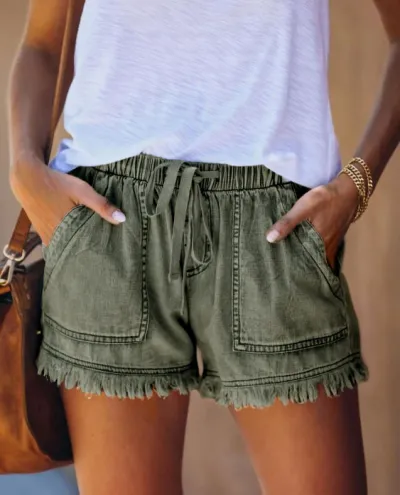 Women Summer Drawstring Waist Raw Hem Tassel Casual High Waist Denim Shorts