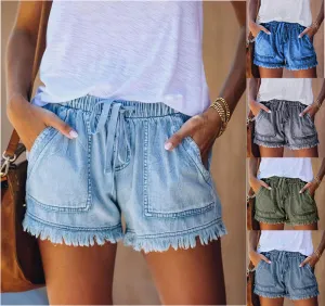 Women Summer Drawstring Waist Raw Hem Tassel Casual High Waist Denim Shorts
