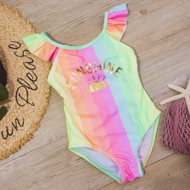 Kids Girls Colorful Striped Ruffled Summer Swimwear Beachwear One Piece