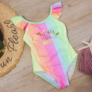 Kids Girls Colorful Striped Ruffled Summer Swimwear Beachwear One Piece