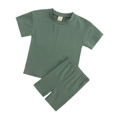 Kids Casual Solid Color Round Neck Short Sleeve T-shirt and Elastic Loose Shorts Set for Baby Boys 0-3T Unisex Cotton Pullover Two Piece