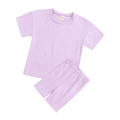 Kids Casual Solid Color Round Neck Short Sleeve T-shirt and Elastic Loose Shorts Set for Baby Boys 0-3T Unisex Cotton Pullover Two Piece