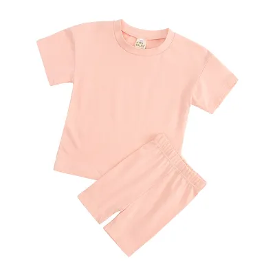 Kids Casual Solid Color Round Neck Short Sleeve T-shirt and Elastic Loose Shorts Set for Baby Boys 0-3T Unisex Cotton Pullover Two Piece