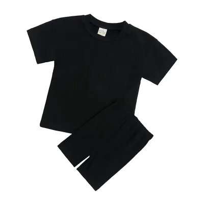 Kids Casual Solid Color Round Neck Short Sleeve T-shirt and Elastic Loose Shorts Set for Baby Boys 0-3T Unisex Cotton Pullover Two Piece