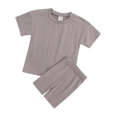 Kids Casual Solid Color Round Neck Short Sleeve T-shirt and Elastic Loose Shorts Set for Baby Boys 0-3T Unisex Cotton Pullover Two Piece