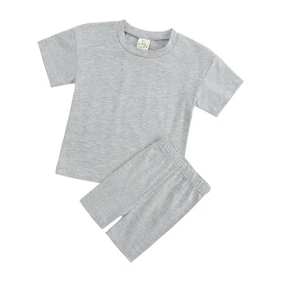 Kids Casual Solid Color Round Neck Short Sleeve T-shirt and Elastic Loose Shorts Set for Baby Boys 0-3T Unisex Cotton Pullover Two Piece