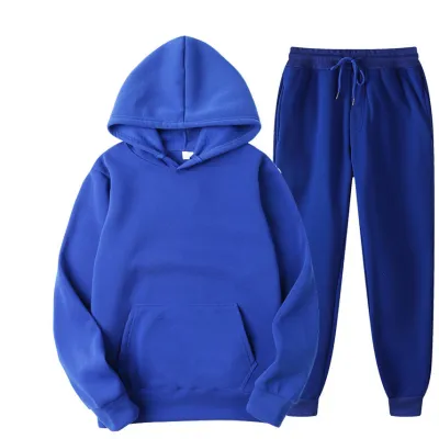 Spring Solid Color Hooded Pullover Casual Sweater Men Sets with Fleece