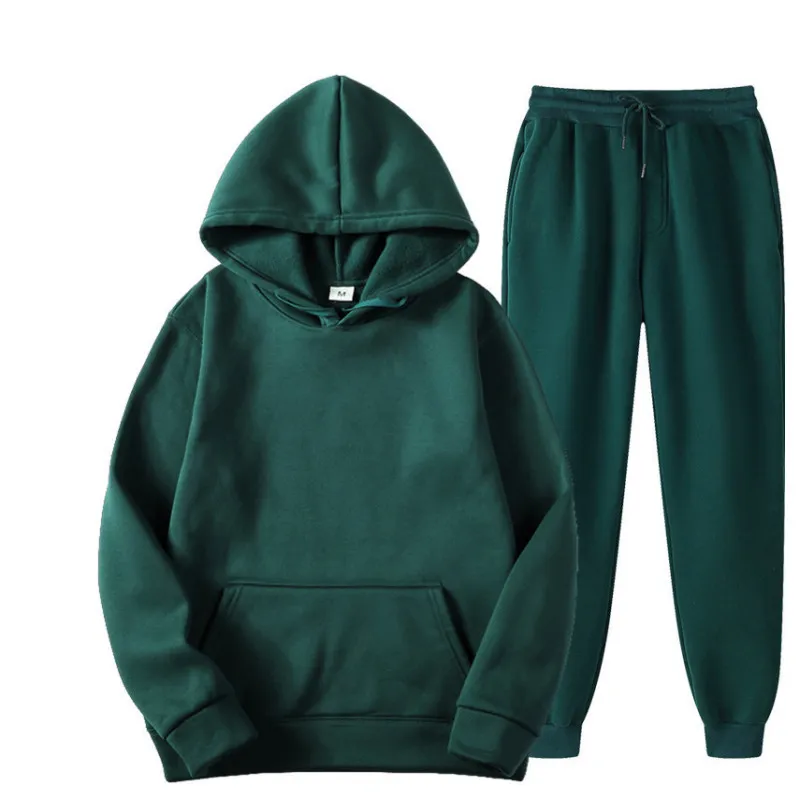 Spring Solid Color Hooded Pullover Casual Sweater Men Sets with Fleece