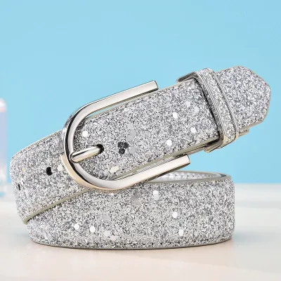 Women Chic Glitter Solid Color PU Belt