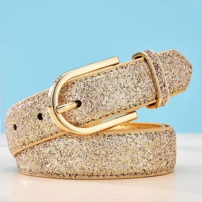 Women Chic Glitter Solid Color PU Belt
