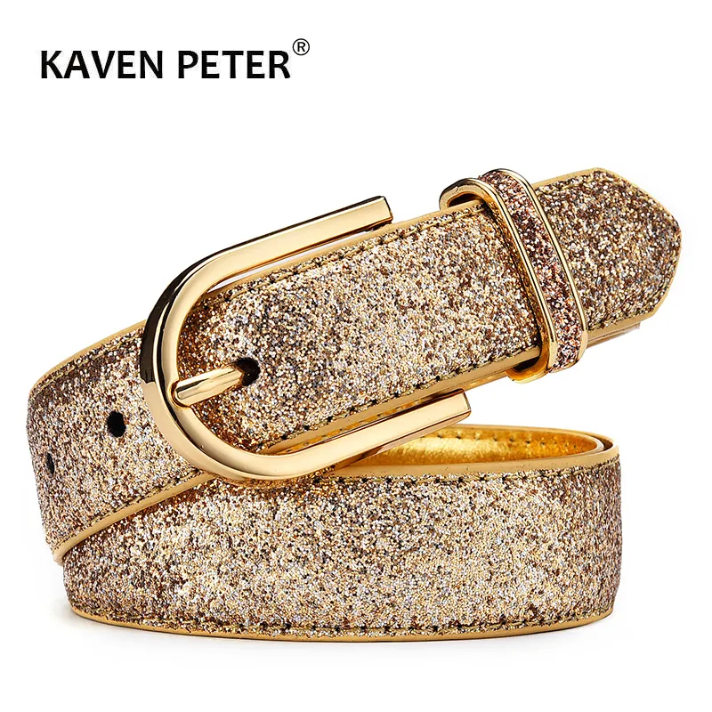 Women Chic Glitter Solid Color PU Belt