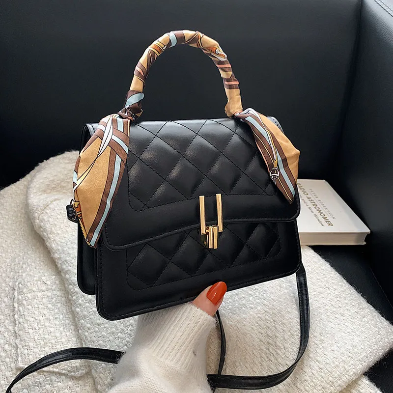 Women Elegant Rhombus Stitching Flap Buckle Design Solid PU Crossbody Bag