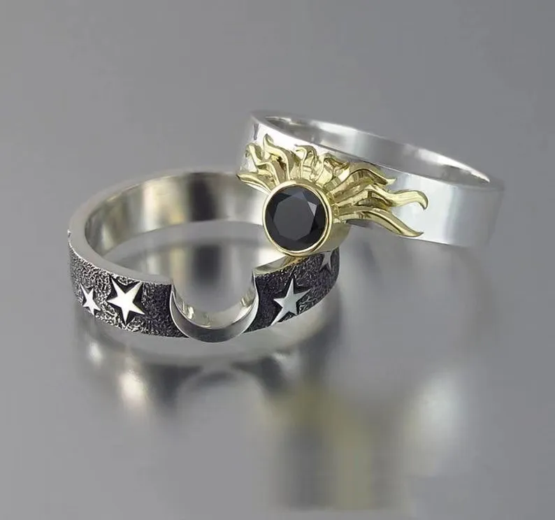 2 Pcs/Set Lovers Unique Sun And Moon Concentric Design Metal Ring