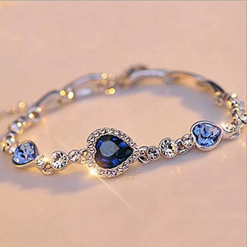 Women Exquisite Heart Shaped Rhinestone Chain Charm Bracelet