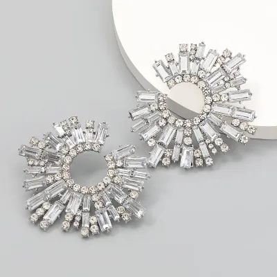 Women Luxury Rhinestone Flower Shaped Stud Earrings Alloy