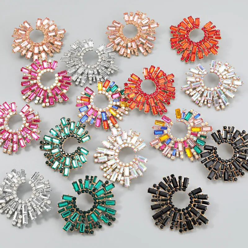 Women Luxury Rhinestone Flower Shaped Stud Earrings Alloy