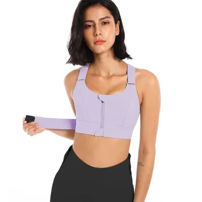 Women Casual Solid Color Yoga Sports Bra with Adjustable Zipper Plus Size