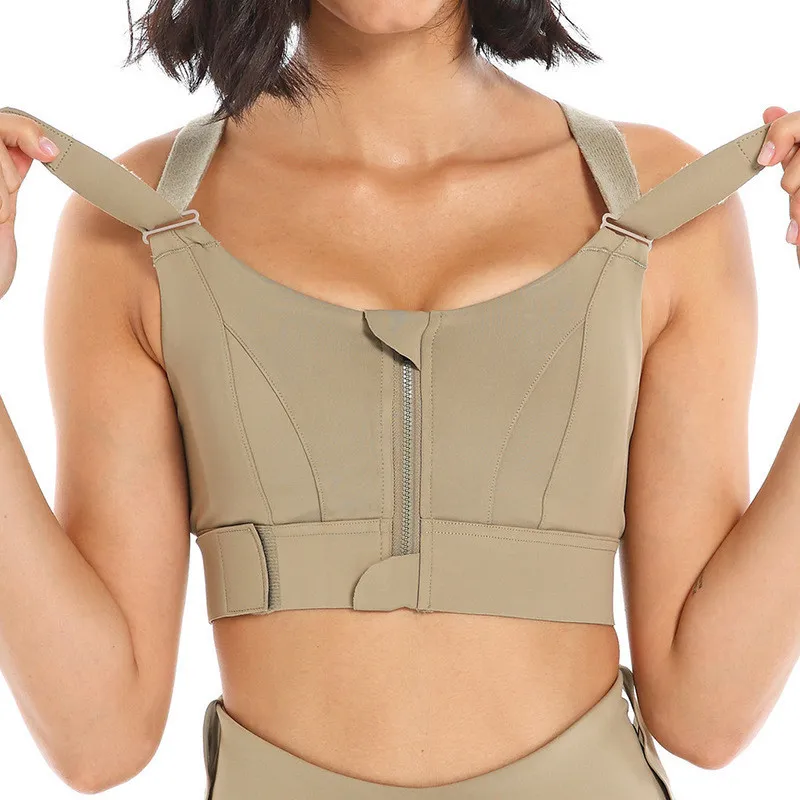 Women Casual Solid Color Yoga Sports Bra with Adjustable Zipper Plus Size